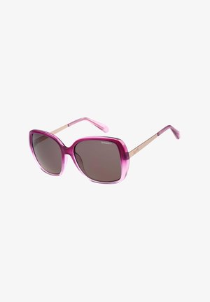 Lila übergroße quadratische Sonnenbrille mit einem pinken Farbverlauf-Rahmen und goldfarbenen Bügeln, dunkel getönte Gläser, Markenlogo auf Glas und Bügel.
