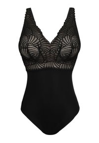 Costume da bagno nero con scollatura profonda a V, caratterizzato da un intricato strato di pizzo con motivo floreale e un design del corpetto liscio e sagomato.