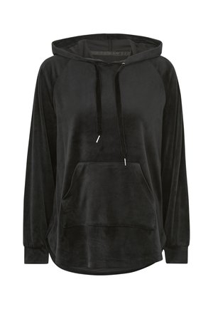 Zwarte hoodie van zachte, fluweelachtige stof met een kangoeroezak, een trekkoordcapuchon en lange raglanmouwen. Soepele textuur.