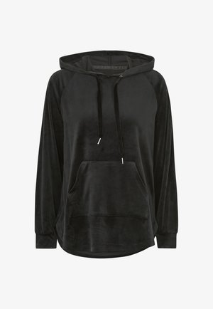 Sudadera negra con capucha de tejido suave y aterciopelado, con un bolsillo canguro, capucha con cordón y mangas largas tipo raglán. Textura suave.