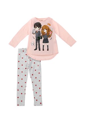 Light pink long-sleeve top with cartoon Hogwarts students holding owl, letters, and cup, paired with gray leggings with red polka dots.