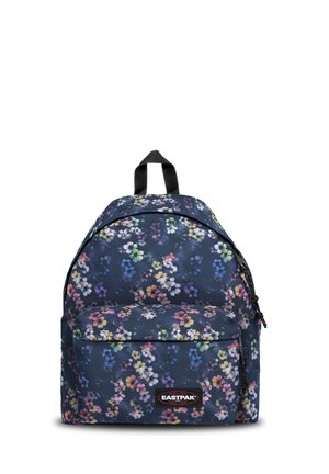 Zaino floreale navy con chiusura zip, tasca frontale e manico in tessuto. Il motivo presenta fiori multicolori su uno sfondo scuro.