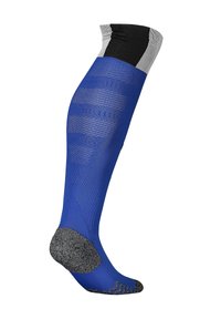 Blauer knielanger Strumpf mit strukturiertem Finish, verstärktem schwarzem Band am oberen Rand sowie grauen Akzenten an Ferse und Spitze.