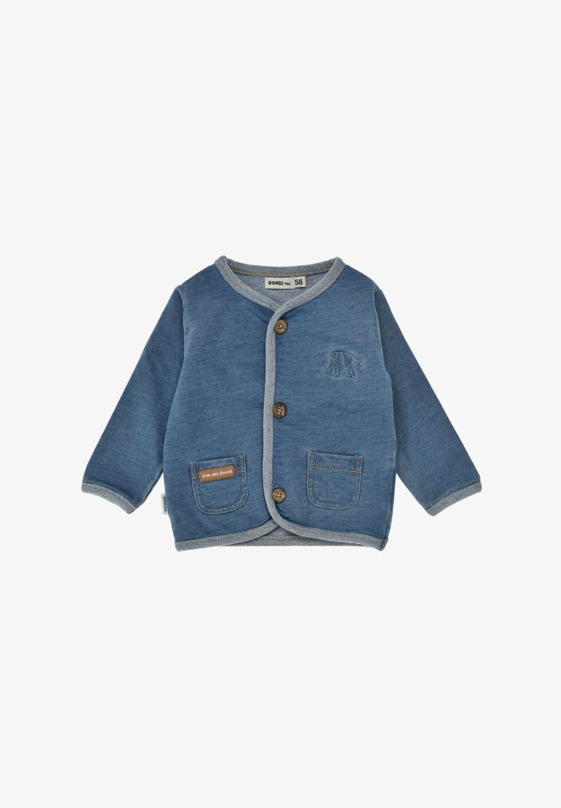 Blue baby cardigan with grey trim, three wooden buttons, two front pockets, and a small embroidered elephant on chest.