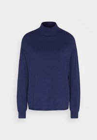 Pull bleu marine à manches longues avec un col rond haut et des poignets côtelés, présenté sur fond blanc.