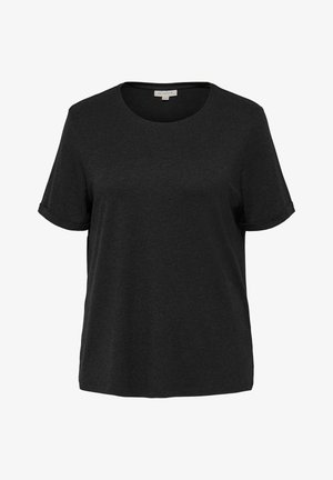 Svart t-skjorte med korte ermer laget av myk stoff, med rund hals og rullede ermekanter. Enkelt design uten mønstre.