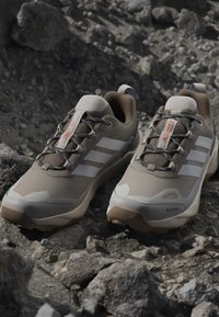 Chaussures de randonnée Adidas Terrex beige avec des bandes grises et une étiquette Gore-Tex placées sur un terrain rocheux en plein air.