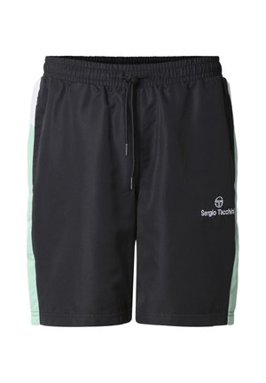 Černé sportovní šortky s mátově zelenými bočními panely, elastickým pasem, šňůrkou a bílým logem Sergio Tacchini na přední pravé noze.