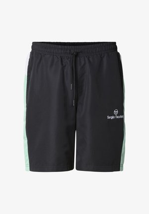 Černé sportovní šortky s mátově zelenými bočními panely, elastickým pasem, šňůrkou a bílým logem Sergio Tacchini na přední pravé noze.