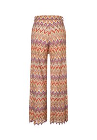 Wijde broek met een meerkleurig zigzagpatroon in oranje, paars, beige en bruine tinten, voorzien van een hoge taille en een licht gekartelde zoom.