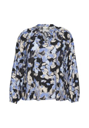 Vuori paita, jossa on musta tausta ja sinisiä, kerma- ja harmaita abstrakteja kukkakuoseja. Puffihihat ja kerätty kaula-aukko.