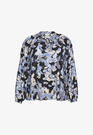 Luftig bluse med sort base og abstrakte blomster mønstre i blå, creme og grå. Pufærmer og detalje med rynket halsudskæring.