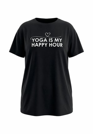 Schwarzes Kurzarm-T-Shirt mit weißem Text "YOGA IST MEINE GLÜCKSSTUNDE" und einem Herz-Design über dem Text auf der Vorderseite.