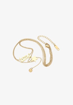 Gouden ketting met een schakelsysteem, voorzien van een "tijd" hanger, ster bedel en ronde kraal. Ontworpen met delicate schakels en een haaksluiting.