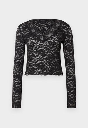 Black lace long-sleeve top with a V-neckline, cropped cut, sheer texture, and floral pattern. No visible hardware or accents.