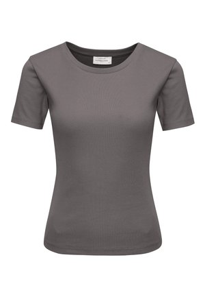 Szary, dopasowany T-shirt z krótkim rękawem, wykonany z prążkowanego dzianego materiału, z okrągłym dekoltem, z napisem "Cotton Candy", przedstawiony na białym tle.