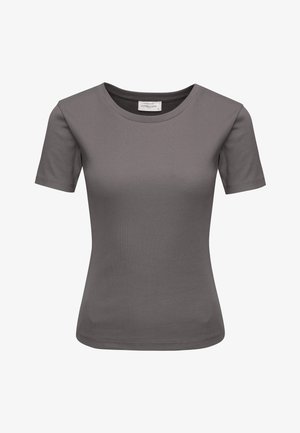 Short-sleeve, fitted gray ribbed knit T-shirt with crew neckline, labeled "Cotton Candy," displayed on a white background.