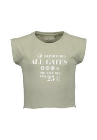 Light green cropped t-shirt with short sleeves, featuring white text: "DEPARTURES ALL GATES SHUTTLE BUS LINE 25," and graphic icons.
