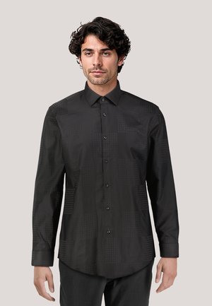 Black long-sleeve shirt with a textured grid pattern, button-down collar, and front buttons. Smooth fabric with a fitted cut.