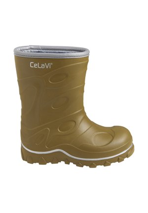 Botte en caoutchouc marron taille enfant avec semelle texturée et doublure intérieure argentée, avec le nom de la marque CeLaVi sur le côté supérieur.