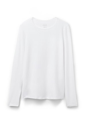 Langärmliges weißes Hemd aus glattem Stoff mit Rundhalsausschnitt. Verfügt über einen geraden Saum und ein minimalistisches Design. Keine sichtbaren Muster oder Akzente.