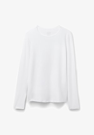 Langärmliges weißes Hemd aus glattem Stoff mit Rundhalsausschnitt. Verfügt über einen geraden Saum und ein minimalistisches Design. Keine sichtbaren Muster oder Akzente.