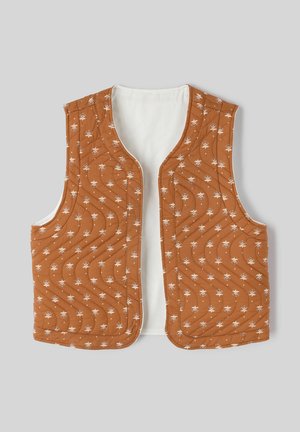 Gilet matelassé en brun rouille avec des motifs floraux blancs. Caractéristiques d'une doublure douce, d'un col rond et d'un design ouvert à l'avant. Surface texturée.