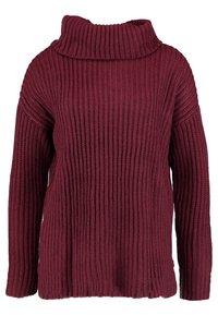 Bordowy sweter dzianinowy z szerokim dekoltem w kształcie lejka, prążkowaną fakturą, długimi rękawami i luźnym krojem. Posiada lekko skrócony dół.