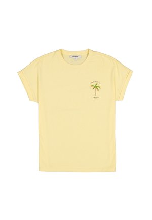 T-shirt en coton jaune avec manches courtes retroussées et col rond. Orné d'un palmier brodé accompagné du texte "Lazy Days at Amalfi."