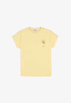 T-shirt en coton jaune avec manches courtes retroussées et col rond. Orné d'un palmier brodé accompagné du texte "Lazy Days at Amalfi."