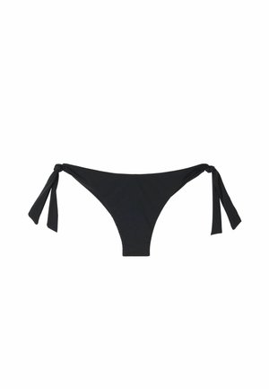 Black bikini bottom with adjustable side ties. Features a classic rectangular cut, smooth texture, and a simple, minimalist design.