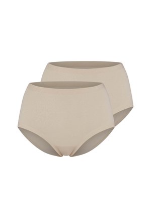 Twee naadloze, beige, hoge taille damesonderbroeken, weergegeven op een witte achtergrond.
