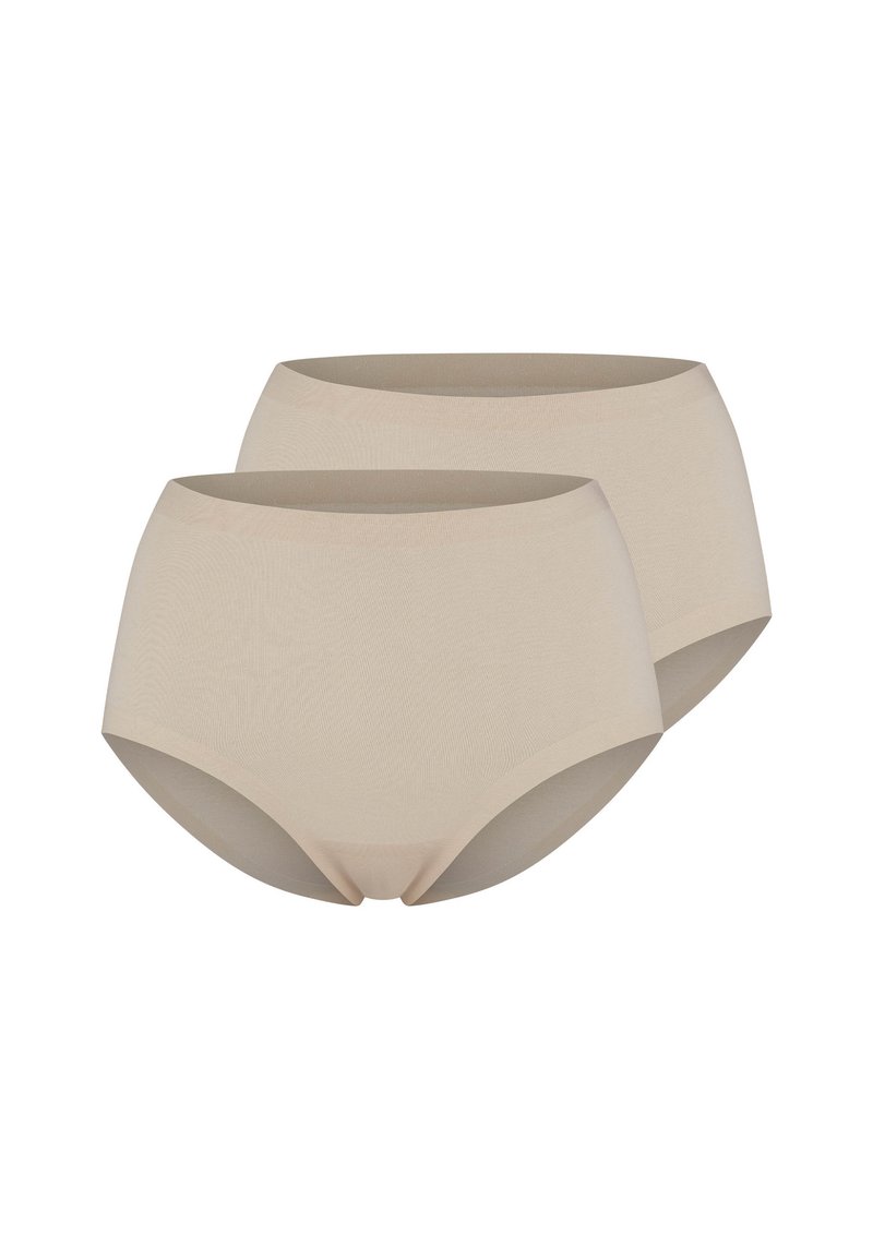 Due slip donna beige a vita alta, senza cuciture, esposti su uno sfondo bianco.