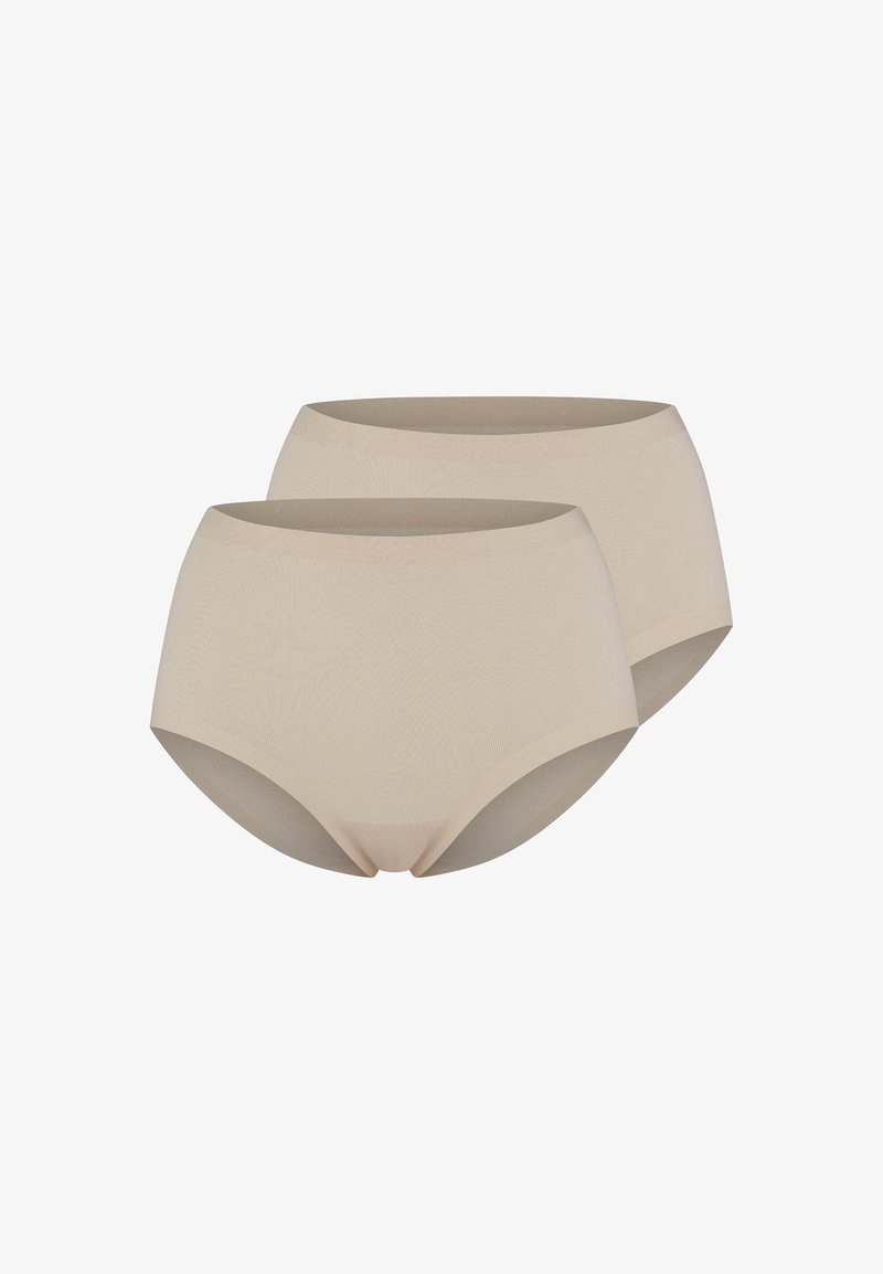 Twee naadloze, beige, hoge taille damesonderbroeken, weergegeven op een witte achtergrond.