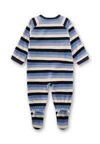 Gestreepte babyoverall van zachte fleecestof, met afwisselend lichtblauwe, marineblauwe en crème strepen. Ontworpen met voetjes en lange mouwen.