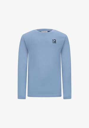 Hellblaues Langarm-T-Shirt aus Baumwolle, mit Rundhalsausschnitt, gerippten Bündchen und einem schwarzen "RETOUR"-Logo auf der Vorderseite.