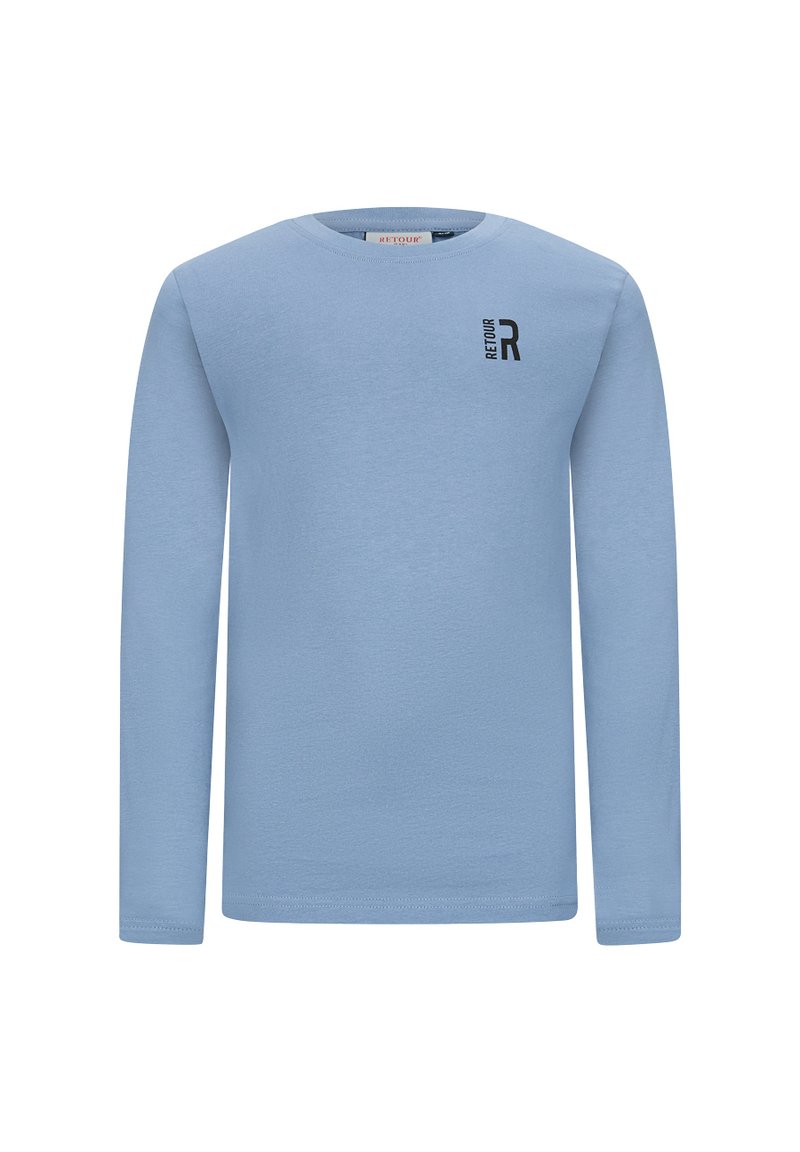 T-shirt a maniche lunghe azzurro chiaro in cotone, con colletto tondo, polsini a costine e logo nero "RETOUR" sulla parte anteriore.