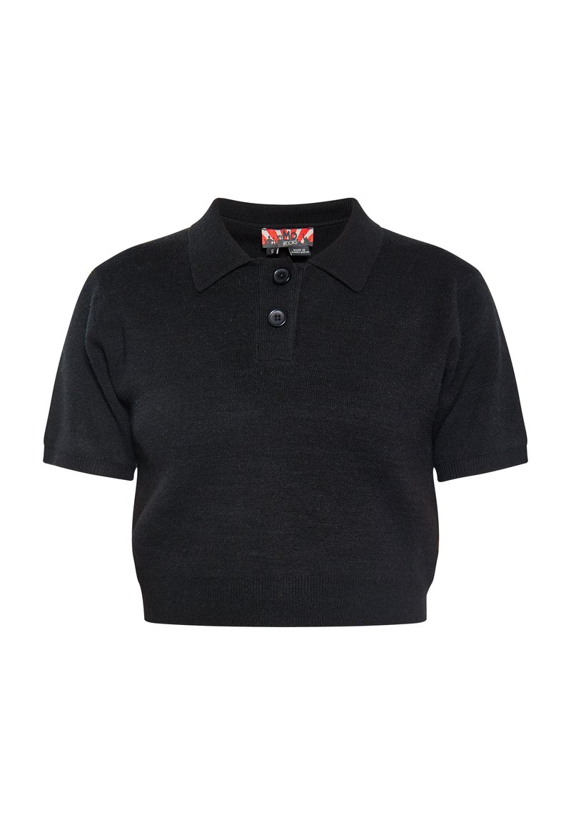 Polo shirt nera a maniche corte realizzata in tessuto a maglia, con colletto a scollo e patta con tre bottoni. Design semplice e aderente.