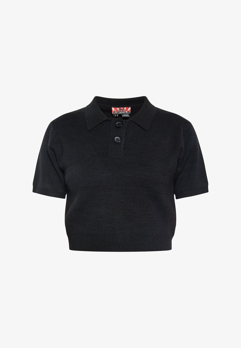 Zwarte poloshirt met korte mouwen van gebreide stof, voorzien van een omgevouwen kraag en een drieknoopssluiting. Eenvoudig en getailleerd ontwerp.
