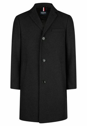 Donkergrijze wollen jas met een notch-kraag, vier knopen en een borstzak. De stof heeft een gladde textuur met minimale details.
