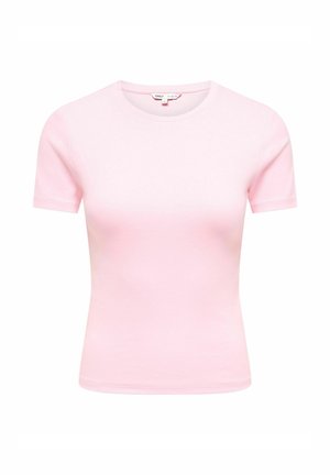 Light pink short-sleeve fitted t-shirt with crew neck, plain design, and small brand label at the inside back collar.