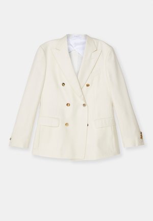 White double-breasted blazer with gold buttons, sharp lapels, two front pockets, and a smooth textured fabric. Tailored shape.