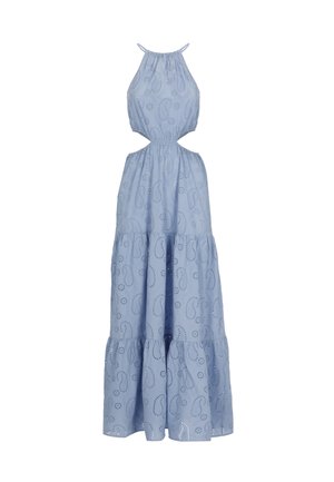Abito lungo azzurro chiaro senza maniche con scollo halter, ritagli in vita, gonna a balze e motivo paisley traforato.
