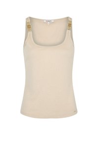 Beige tank top with a ribbed texture. Features gold-tone chain accents on the shoulder straps, rounded neckline, and a fitted design.