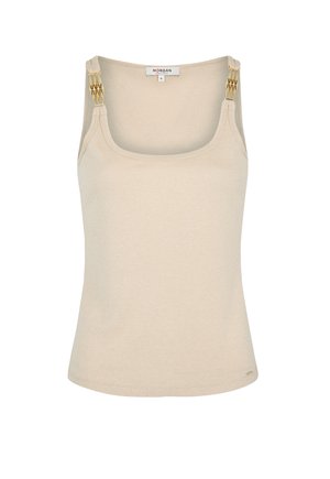 Beige tank top with a ribbed texture. Features gold-tone chain accents on the shoulder straps, rounded neckline, and a fitted design.