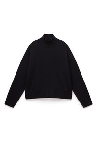 Mustat poolopaidat, joissa on rento istuvuus, ribbetty kaulus ja hihansuut, pehmeä tekstuuri ja hillitty brodeerattu logo helmassa.