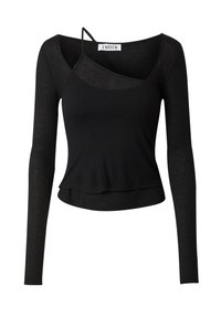 Schwarzes langärmeliges Oberteil mit figurbetontem Schnitt, Rundhalsausschnitt und asymmetrischem Schnitt. Besitzt ein dezentes schichtartiges Design und einen verkürzten Saum.