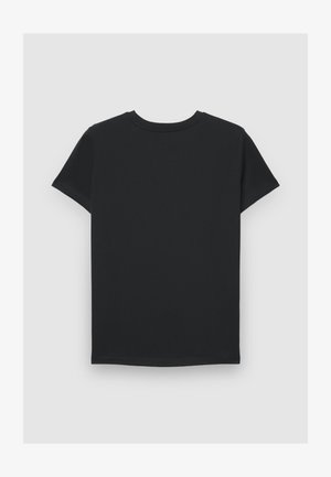 Schwarzes Baumwoll-T-Shirt mit kurzen Ärmeln, rundem Ausschnitt und glatter Textur. Die Rückseite ist schlicht ohne Logos oder Muster.