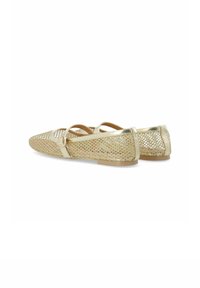 Ballet flats in rete dorato con punte affusolate e cinturino alla caviglia di altezza media. Parte superiore testurizzata con rifiniture lucide e suola piatta.