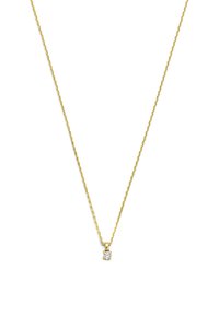 Gouden ketting met een verfijnd ontwerp, met een enkele heldere kristalhanger. De ketting heeft een gedraaide textuur, wat vakmanschap benadrukt.